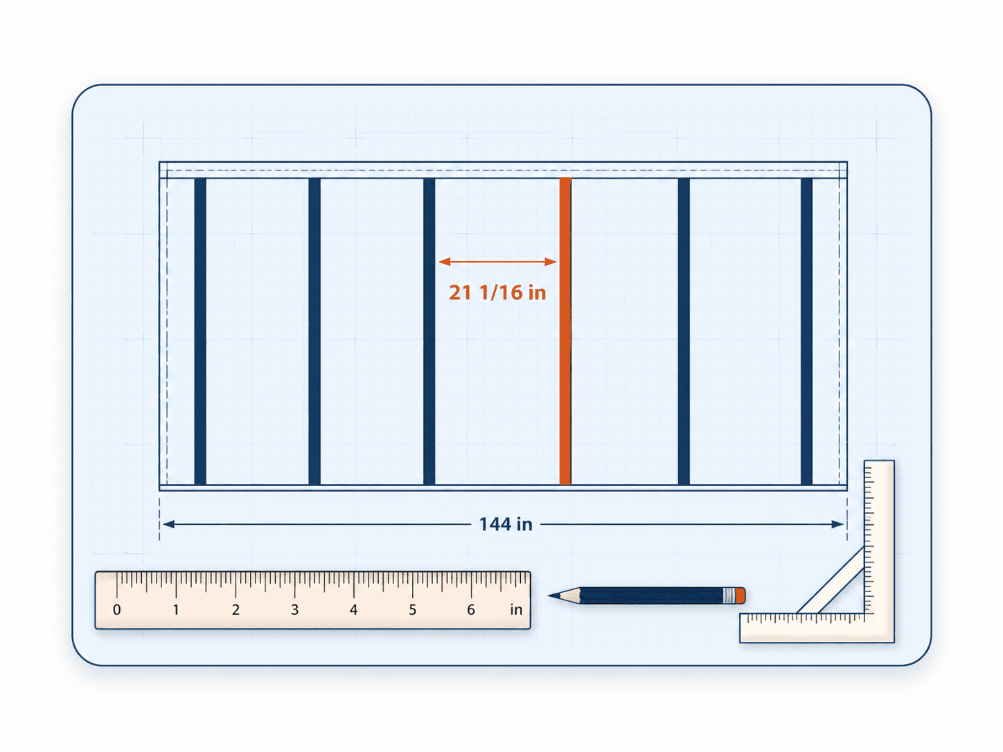 Blueprint-style board-and-batten spacing plan with a highlighted batten, dimensions, ruler, pencil, and framing square